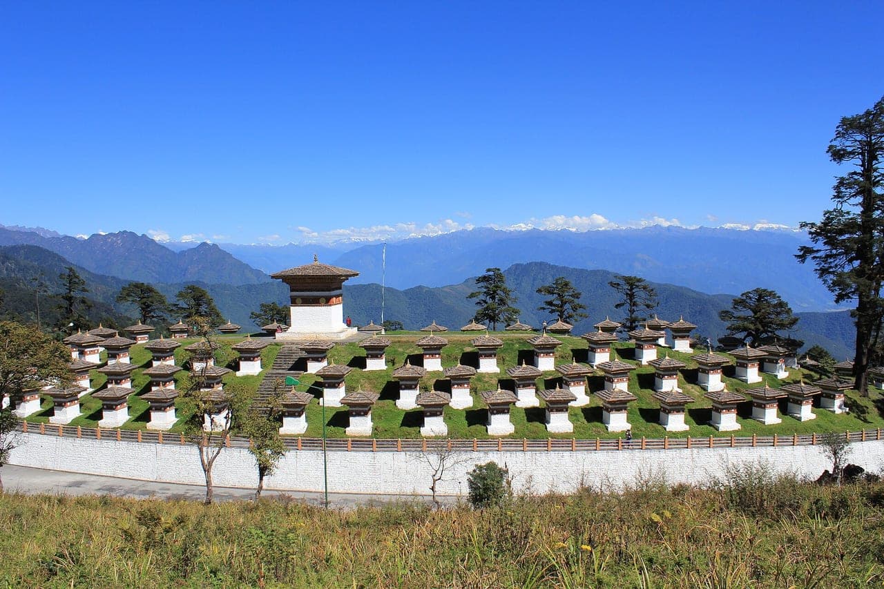 108 chortens at Dochula Pass with the Himalaya beyond